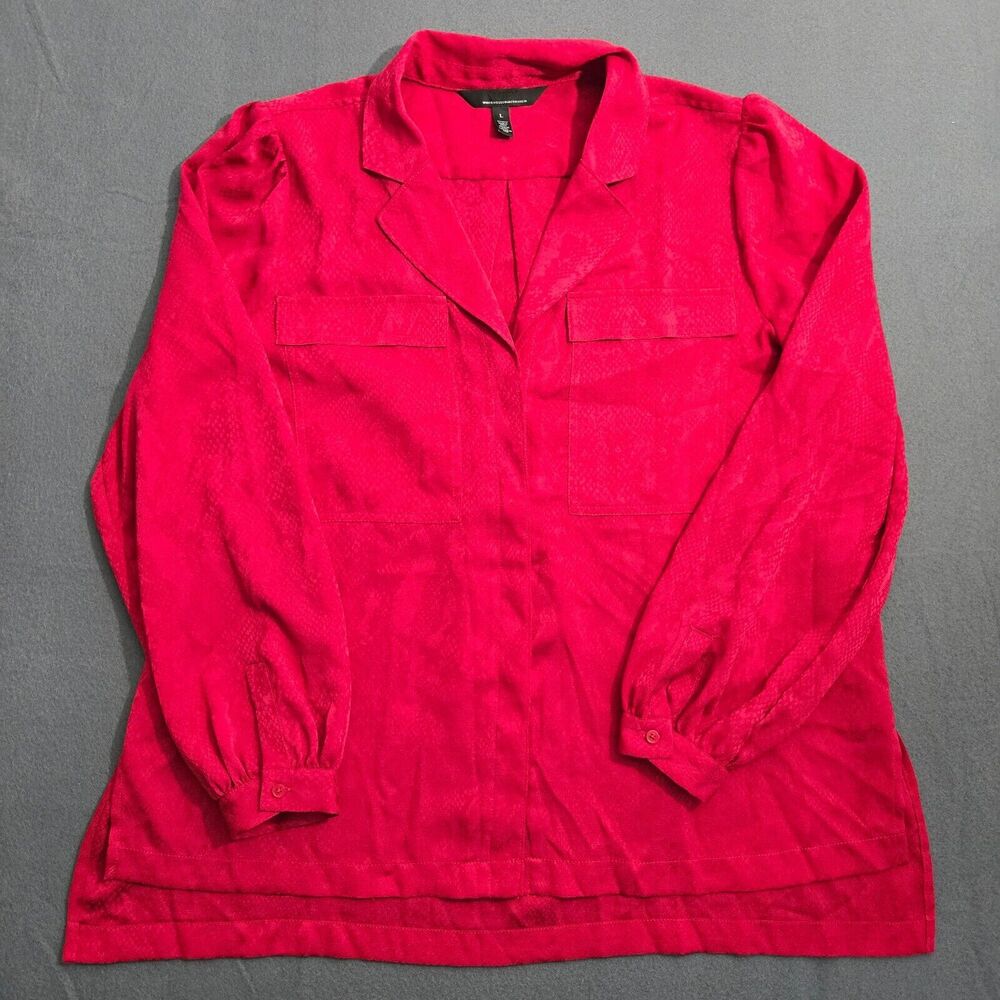WHBM Blouse Women L Pink Snake Print V Neck Notch Collar